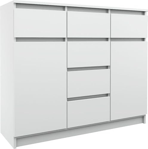 roe furniture Kommode Weiß 140 cm Breit mit 2 Türen & 6 Schubladen – Moderner Schubladenschrank für Wohnzimmer & Schlafzimmer – Laminatplatte Kratzfest, ABS-Kanten, 100x140x38 cm