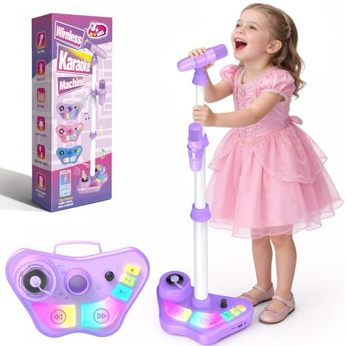 Machine de karaoké sur pied pour enfants, jouets chantants cadeaux pour filles et garçons de 3, 4, 5, 6, 7, 8 ans, microphone rechargeable avec haut-parleur Bluetooth avec 2 micros sans fil pour fille