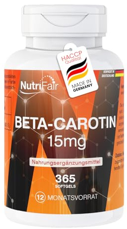 Betakaroten – 365 softgels – 15mg per softgel – motsvarar 25.000 IE – hög dosering – tysk tillverkning och laboratorietestad – NutriFair | Premium & Fair