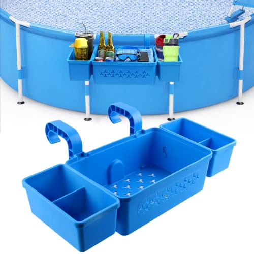 Cestino Portaoggetti per Piscina, Cestino per Piscine Fuori Terra con Portabicchieri e Ganci, Adatto per Piscine Fuori Terra, Accessorio Perfetto per Riporre Crema Solare e Asciugamani (Bleu C)