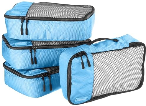 Amazon Basics Packwürfel Set für Koffer, Reise Organizer, Reißverschluss, 4 Teilig, Klein, Himmelblau