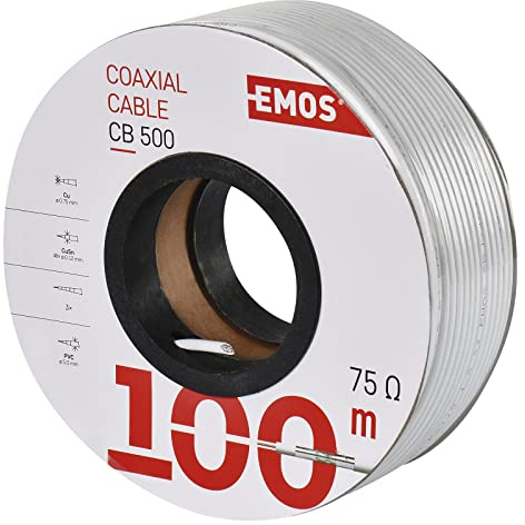EMOS Antennenkabel 100m weiß, Koaxialkabel für SAT, TV und CCTV, Typ CB500, doppelt geschirmtes Fernsehkabel, Satellitenkabel mit Schirmungsmaß 75dB, Widerstand 75 Ohm