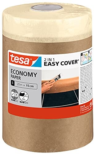 tesa Easy Cover UNIVERSAL Papel Protector - Papel de Enmascarar 2en1 con Cinta de Enmascarar Autoadhesiva para Trabajos de Pintura y Renovación - 20 m x 15 cm