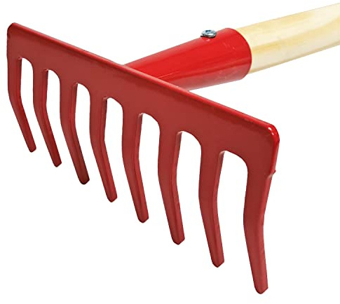 Kindergartengeräte 1 von 8, Kinder Garten Werkzeuge Geräte Schaufel, Besen, Rechen, Laubbesen, Harke, Grubber, Doppelhacke, Spaten, Metall mit Holzstiel (Harke rot)