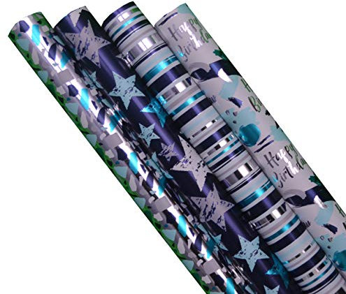 Metallic Gift Wrapping Paper For Male,Birthday Wrapping Paper Roll,Suitable for Birthday,Party,Wedding,Baby Shower,Festival Gift Decorations Pack of 4 X 1.5M