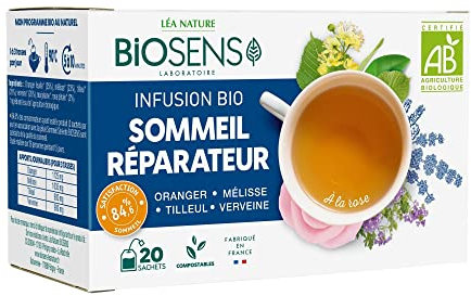 Biosens - Infusion Sommeil réparateur - Oranger, Mélisse, Tilleul et Verveine - Certifié Bio AB - Fabriqué en France - 20 sachets