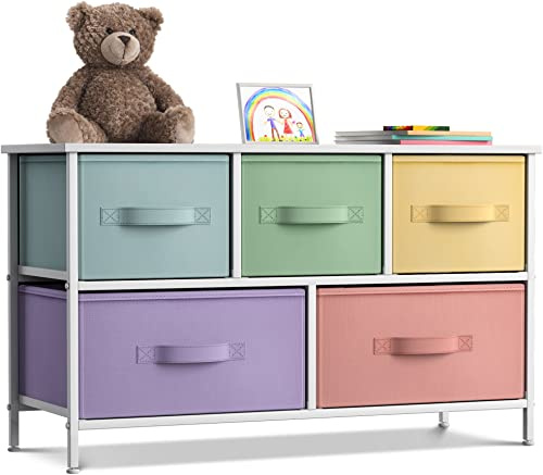 Sorbus Kids Dresser with 5 Drawers - Storage Chest Organizer Unit with Steel Frame, Wood Top, Easy Pull Fabric Bins - Long Wide TV Stand for Bedroom Furniture, Hallway, Closet & Office Organization