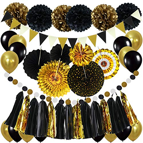 ZERODECO Party Dekoration, Schwarz Gold Abschlussdekorationen Papier Pompoms Aufhängen Fächer Dreieckswellenflagge Hängende Girlande Luftballon für Geburtstag Silvester Neujahr New Year Dekoration