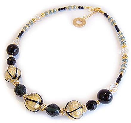 VENEZIA CLASSICA - Collier ras-du-cou pour femme avec perles en verre de Murano Original, collection Aida, perles en verre avec feuille en or 24 carats et veines noires, fabriqué en Italie certifié