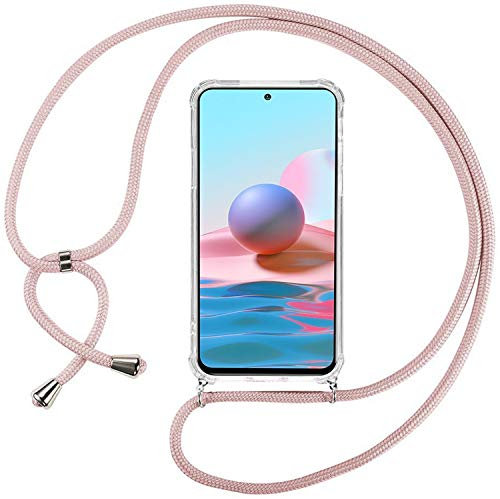 Ingen Coque pour Xiaomi Redmi Note 10/Redmi Note 10S avec Cordon de Collier, Coque Transparente Xiaomi Redmi Note 10/10S Silicone TPU Bumper Etui Housse avec Cordon Réglable Téléphone Lanyard - Rose