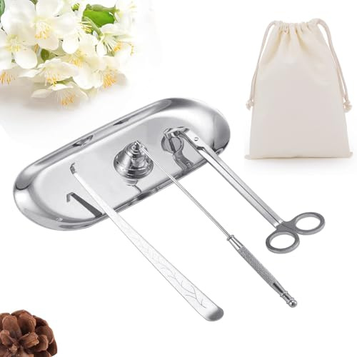 QeeHeng Candle Snuffer Wick Trimmer Bandeja Vela tapón Kit Velas Herramientas Cortador Velas,Juego Accesorios Vela,Kit Cuidado Mecha Vela,Kit Cuidado Taza Vela(Plata)