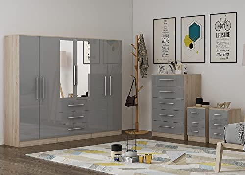 Unique Furnishings Gloss GREY Large Wardrobe - 6 Door 3 Drawers & Long Mirror + 2x Bedsides
