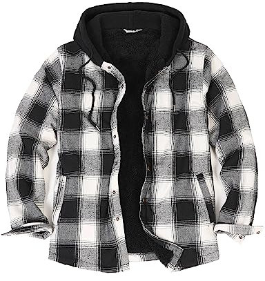 ZENTHACE Veste chemise en flanelle doublée Sherpa pour homme, veste à carreaux à bouton-pression avec capuche, noir, XX-Large