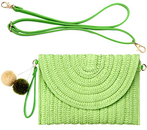 Frienda Straw Clutch Crossbody Bag Woven Envelope Purse, Green, 10.63 x 7.87 inch
