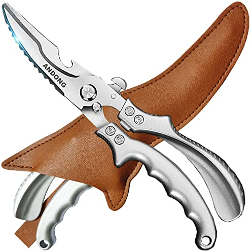 ANDONG Heavy Duty Professional Poultry Shears -Stainless Steel Kitchen & Meat Scissors with Leather Sheath, Dishwasher Safe Spring Loaded Utility Shears for Cooking, Butchering, Cutting