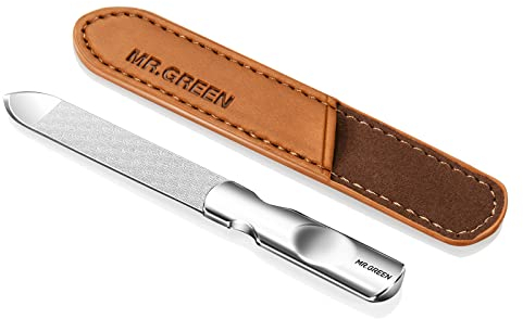 MR.GREEN Mini lime à ongles professionnelle double face en acier inoxydable avec poignée antidérapante et étui en cuir, limes polissoirs à ongles lavables, argent