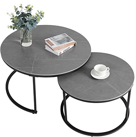 FATIVO Table Basse Gigogne Marbre: Lot de 2 Tables Gigognes de Salon Ronde Industrielle Bout de Canapé Design Grise Set Table Café Moderne avec Pieds Noire Métal - φ80x45cm φ60x40cm Pierre Frittée