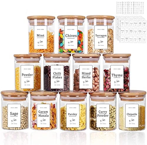 Yibaodan Glass Jars Set 330ml with 180 White Labels, 12 Set Spice Jars with Bamboo Lids Airtight Small Food Storage Canister for Home Kitchen Tea Herbs Coffee Flour Herbs Grains