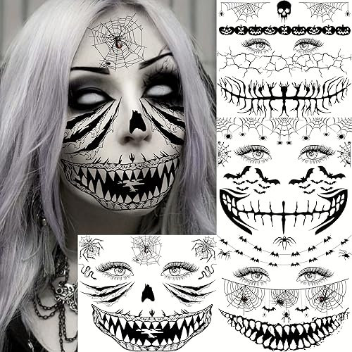 EGMBGM 4 Blätter Gruselig Schminke Gesichtstattoo Narben Wunden Halloween Kostüm Frauen Männer Erwachsene Fake Gesicht Spinnennetz Temporäre Tattoos Party Zubehör Accessoires