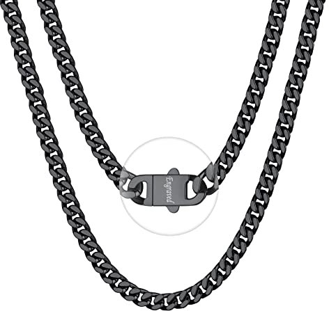 Bestyle Kette Herren Edelstahl Schwarz 5mm feine Panzerkette mit Gravur Maiami Kubanische Gliederkette Personalisiertes Geschenk für Teenager Jungs Rapper Länge 55cm