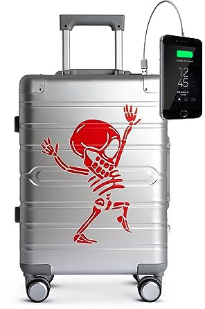 TOKYOTO Aluminium-Kabinenkoffer Silber mit USB Leicht Hartschale Moderner Reisekoffer für Jugendliche und Erwachsene Doppelrollen TSA-Schloss 55x35x20 Trolley Handgepäck 55x40x20 cm Silver Skull