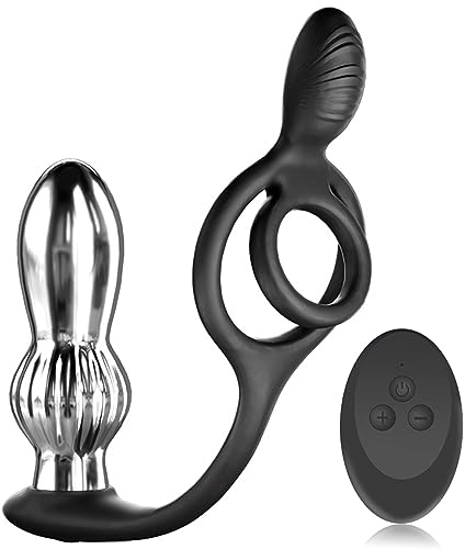 YcsLust Analvibrator-Buttplug aus Metall mit doppeltem Penisring,Prostata-Massagegerät mit 10 Vibrationsmodi,Analstimulation, wiederaufladbares wasserdichtes Analsexspielzeug für Männer und Paare