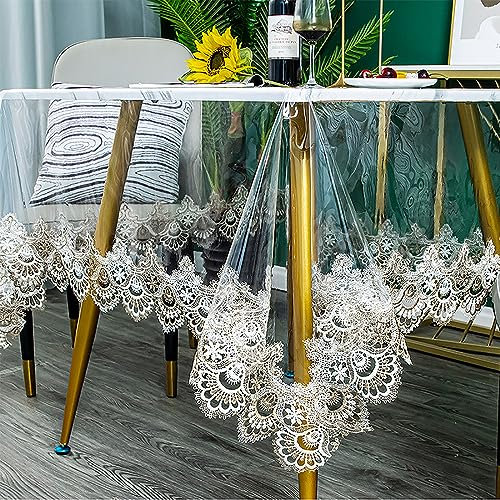 SLDAGe 2pcs PVC Tischdecke Transparent mit Zweifarbiger Spitzenkante, Tischdecke Durchsichtig Abwaschbar Plastiktischdecke für Halloween Weihnachten Party Geburtstag,C,130x130cm