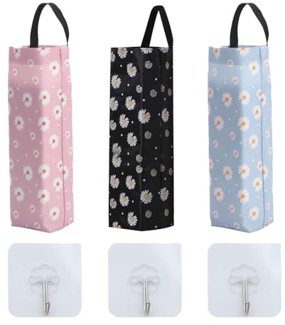 HLIWS 3 Pcs Hanging Plastic Garbage Bags with 3 Hooks,Grocery Bag Dispenser,Foldable Garbage Bag Organizer,for Home and Kitchen(Pink, Blue, Black)