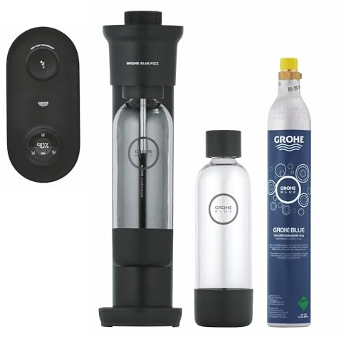 Grohe Blue Fizz Advanced - Wassersprudler Starter Set (mit CO2-Füllstandsanzeige, 3 einstellbare CO2 Stufen, 1xCO2 Flasche, 2x 0,85l Wasserflasche + Reinigungspulver), schwarz
