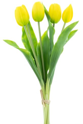 mucplants künstliche Tulpen Holland ca. 36cm Tulpenbündel mit 3 Tulpen und 2 Tulpenknospen real Touch (Gelb)