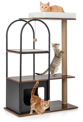 GYMAX Arbre à Chat à 4 Niveaux 118CM, Tour pour Chat avec Poteaux à Gratter & Condo & Perchoir Supérieur & Jouet Suspendu & Planche en Sisal, Meuble Moderne pour Chats d'Intérieur (Noir)