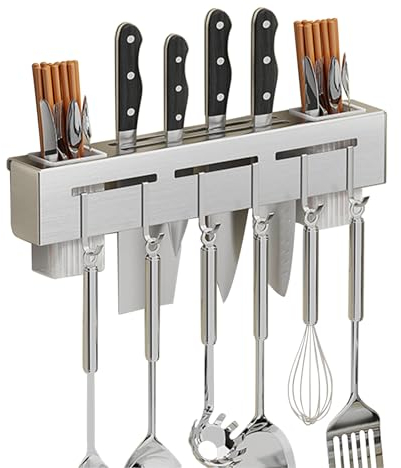 VBNZBK Utensilios de Cocina Acero Inoxidable, Soporte Utensilios Cocina, Colgador Utensilios Cocina Con 6 Ganchos Extraíbles, Adecuado para Restaurantes, Hogares, Hoteles (Plata)