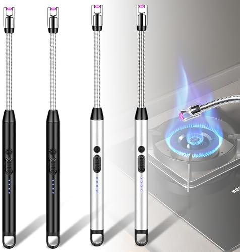 4er Set Stabfeuerzeug, Lichtbogen Feuerzeug, Elektrisch Feuerzeug Lichtbogen Feuerzeug USB Aufladbar Plasma Kerzenanzünder Langes Feuerzeug für Kerzen Anzünden, Küche, Grill, Camping(Black + Silver)
