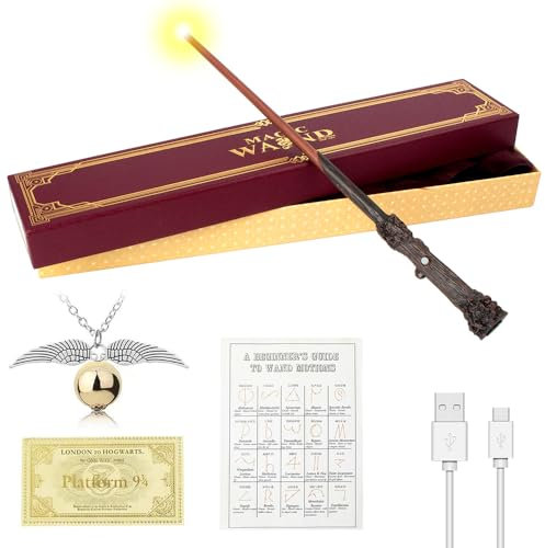 FGJCJ Harry Zauberstab, 37CM Zauberstab Harry P-Otter mit Licht, USB Aufladung Magic Glühen HPotter Zauberstäbe, Harry Stab in Geschenkbox mit Zauberspruch-Karte, Stationsticket und Halskette