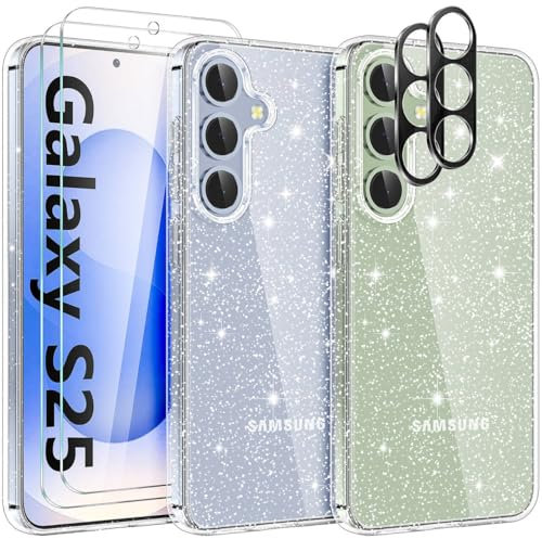 YIRSUR Hülle für Samsung Galaxy S25, mit 2 Stück Hartglas Schutzfolie und 2 Stück Kameraschutz, Handyhülle Case Transparent Glitzer Slim Soft Silikon TPU Stoßfest Cover für Samsung Galaxy S25