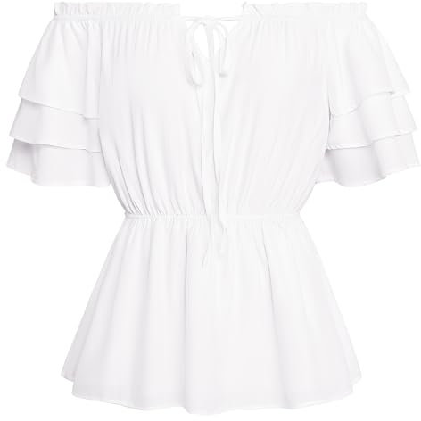 SCARLET DARKNESS Damen Viktorianische Corsagenbluse Rüschenbluse Edwardianische Kurzeärmel Bluse Weiß S