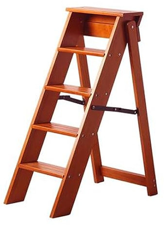 Scala pieghevole a 5 gradini, in legno massello resistente con ampi pedali antiscivolo, scala multifunzionale per la casa per riporre e esporre fiori, design salvaspazio