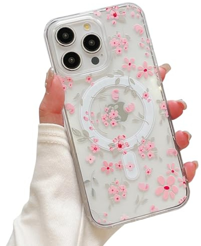 QLTYPRI Magnetic for iPhone 15 Pro Case Compatible with Magsafe, Cute Floral Flower Aesthetic Phone Case Slim Clear Anti-Yellowing Shockproof Phone Cover for Girls Women - Pink