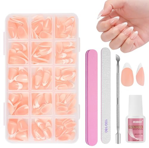 BUTBU French False Nails, 240 Pcs Short Almond Press on Nails Kit, Full Cover Stick on Nails with Glue, 15 Sizes Nude Color Nail Tips for Women and Girls Manicure Art Salon (Pink)