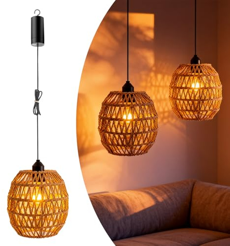 Strixorn Rattan Hängelampe mit Batterie 2pcs, E27 Retro Pendelleuchte mit Dimmbar Schalter, Vintage akku Hängelampe, Boho Lampe, Indoor/Outdoor Hängeleuchte für Schlafzimmer Foyer Balkon