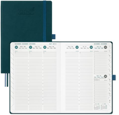 BEZEND Kalender 2026 2027 Buchkalender 1 Woche 2 Seiten A5 (21,5 x 15,5 cm) | 18 Monate Kalender (Jul 26 - Dez 27), PU-Leder Hardcover, 80 GSM Papier, Dunkelgrün