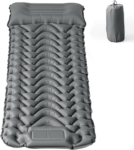 RUMBALUXY Inflatable Camping Sleeping Pad with Built-in Foot Pump Waterproof & Tear-Resistant 50D Nylon Mattress Portable, Compact Air Mat Camping Mat for Backpacking, Hiking, Tents, Grey