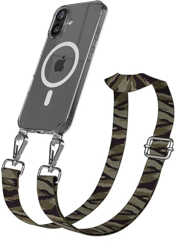 EAZY CASE Handykette - Verstellbares Taschenband kompatibel mit iPhone 16, Schulterriemen, Handykordel mit Silikon Hülle, Qi Charging kompatibel, Umhängetasche, Grün Camouflage Silber