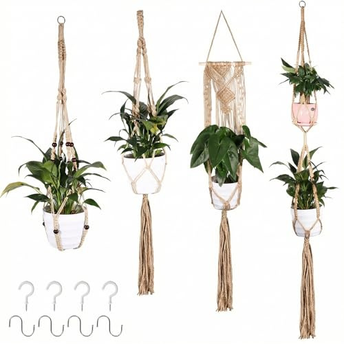 OXENKA 4er Set Makramee Blumenampel, Boho Hängeampel Mit Haken, Braun | Baumwollseil Blumentopf Hängend für Innen, Außen, Garten, Balkon, Terrasse und Fenster