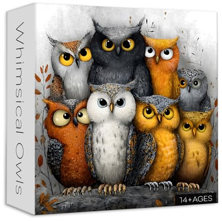 Whimsical Owls Jigsaw Puzzle 1000 Pieces, Funny Owl Puzzles for Adults Whimsy Birds, Larkipuzz Unique Impossible Cute Animals Theme as Home Decor