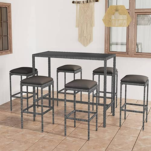 Runheo Ensemble de Bar de Jardin 7 pcs, Résine Tressée Grise, Table Haute en Verre Trempé, Coussins Anthracite, Mobilier d'Extérieur pour Patio et Balcon
