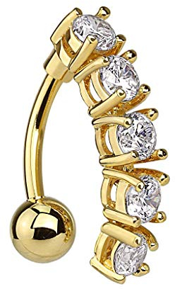 Piersando Bauchnabelpiercing Piercing Bauch Schmuck Banane Stecker 316 L Chirurgenstahl Stab Gebogen mit 5 Kristallen Anhänger Gold