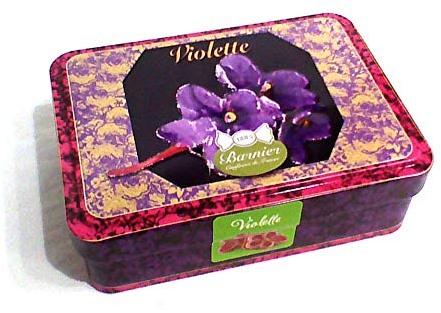 Caja de lata muy bonita en relieve que contiene 150 g de caramelos de azúcar cocido con sabor a violeta - Barnier - caramelo ácido con sabor