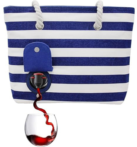 PortoVino Borsa Donna da Mare in Tela di Cotone - Colori Blu & Banco - Capienza di due 2 bottiglie di vino da sorseggiare mentre si è in viaggio. Discreta e funzionale