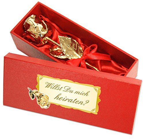 Echte Goldene Rose mit Widmung: Willst du mich heiraten?, überzogen mit 999er GOLD, circa 16 cm, mit Geschenkschatulle und Echtheitszertifikat